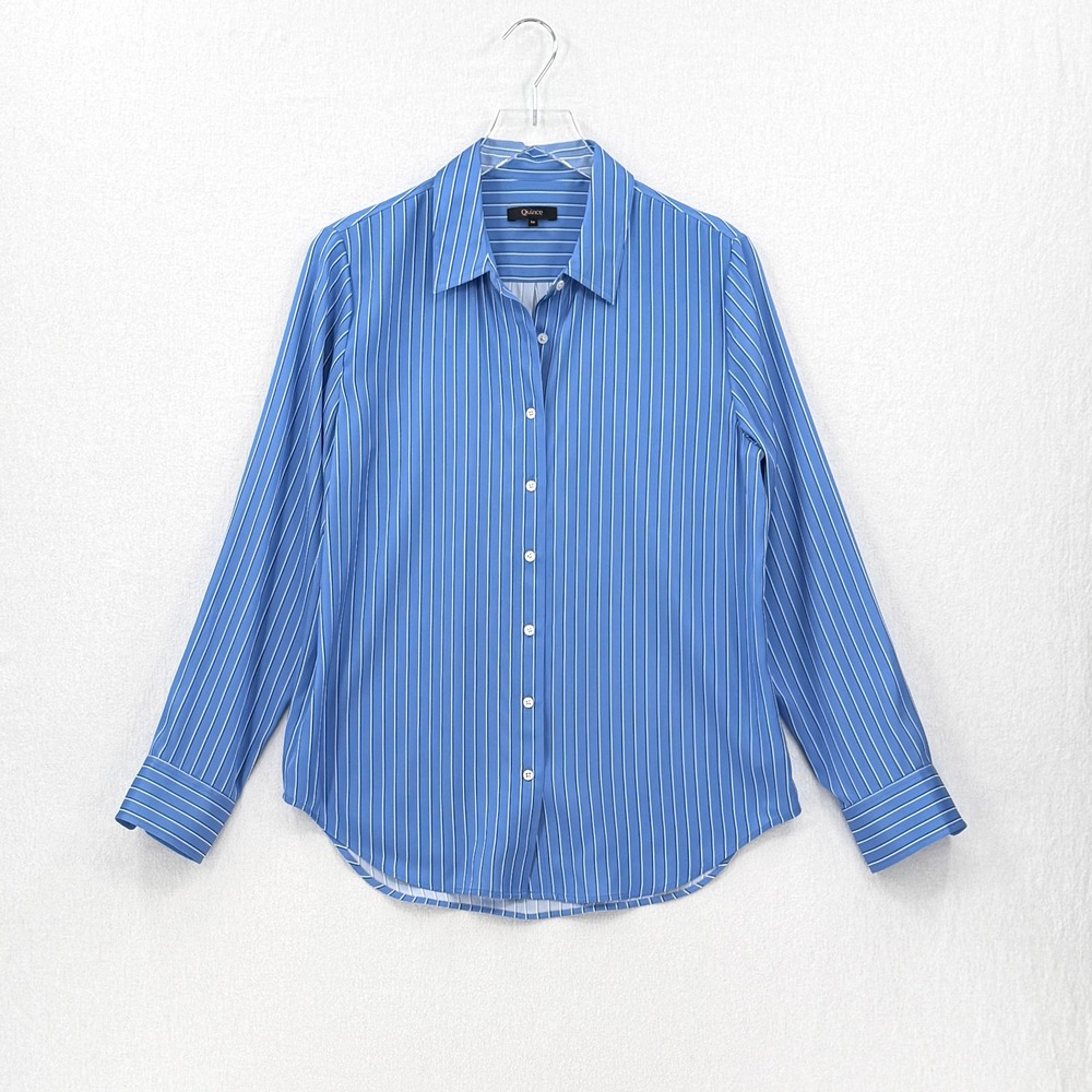 QUINCE Washable Stretch Silk Blouse Women Medium Blue Striped Lapis Horizon - Picture 5 of 16